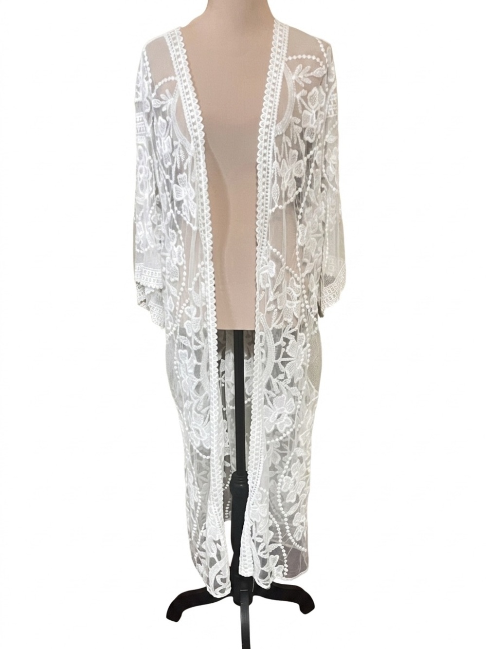 White Boho Lace Kimono Duster Floral Embroidered Festival Coverup One Size NWOT - Picture 1 of 9